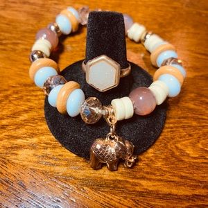 2 for $10 Beaded Bracelet with Elephant Charm W/Druzy Ring